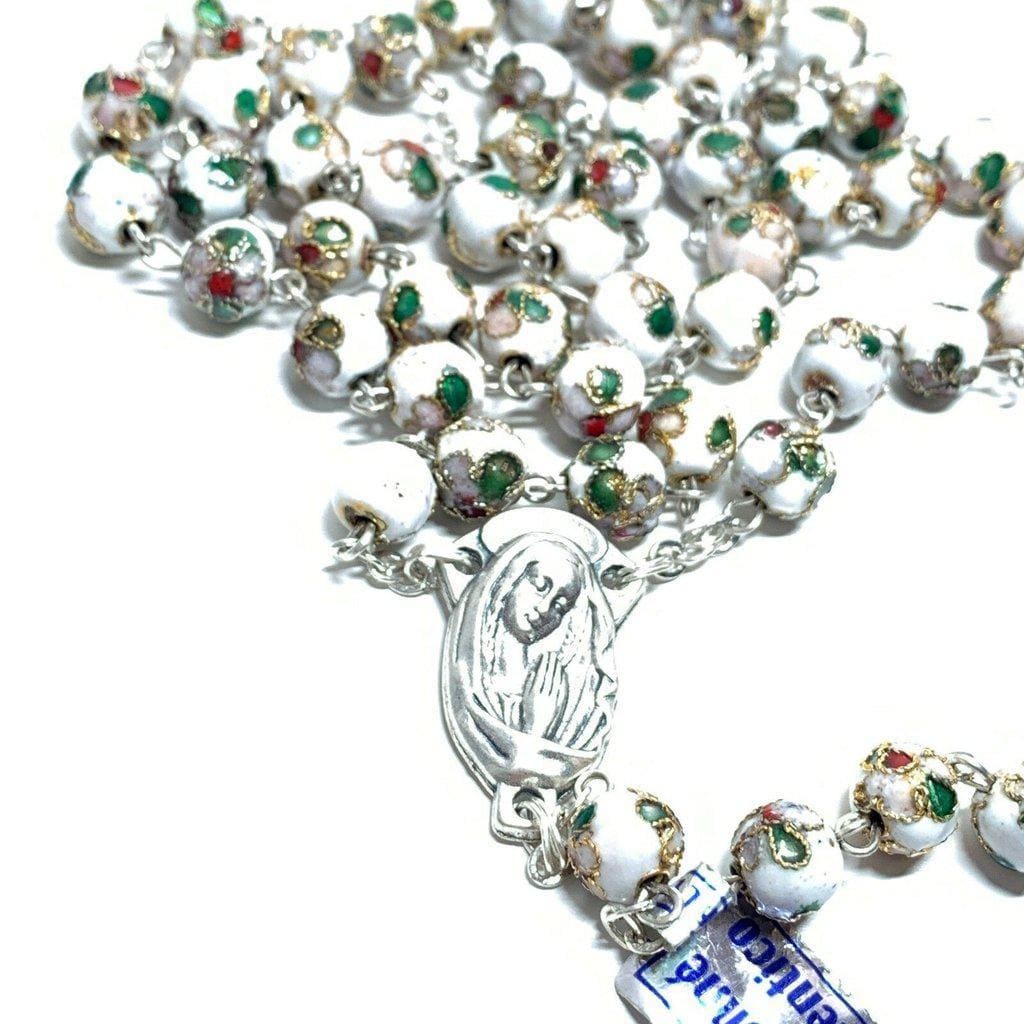 White Cloisonne Rosary Virgin Mary - Blessed by Pope | Catholically