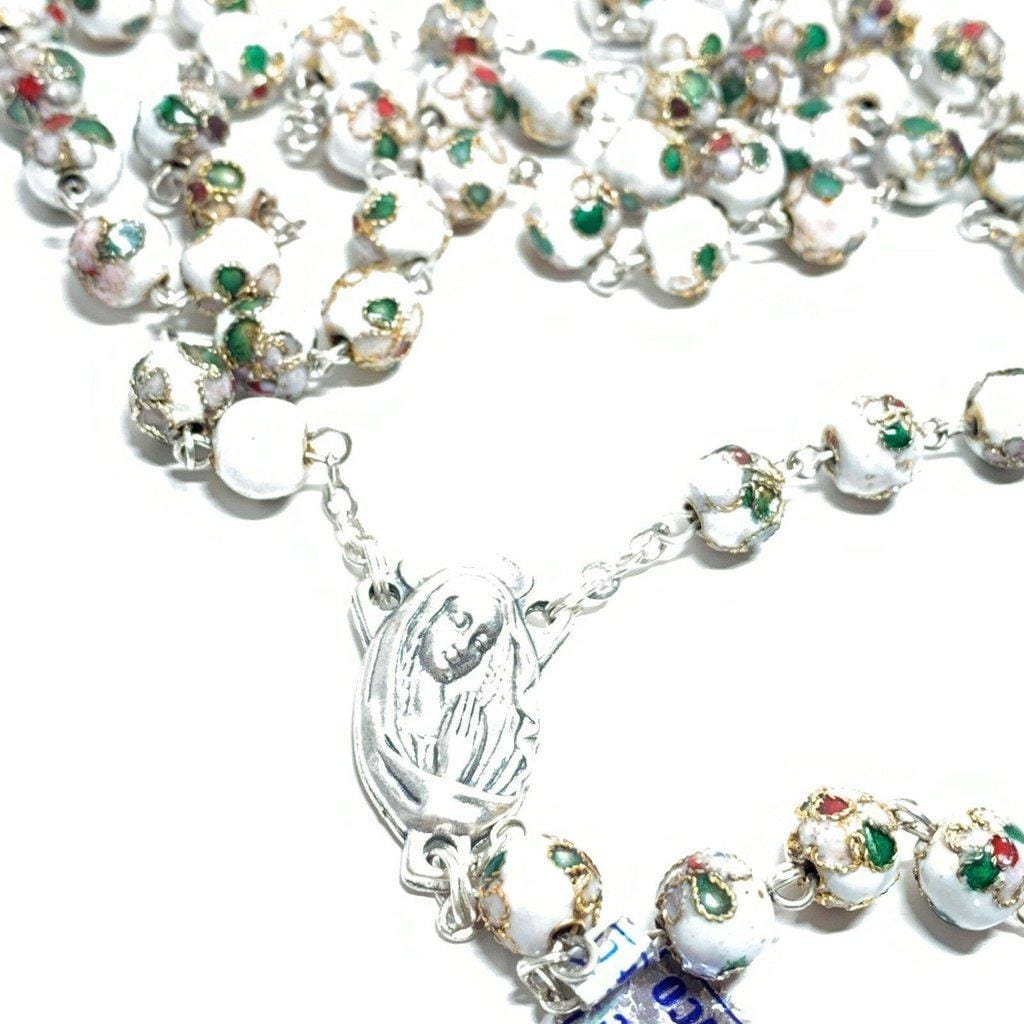 White Cloisonne Rosary Virgin Mary - Blessed by Pope | Catholically