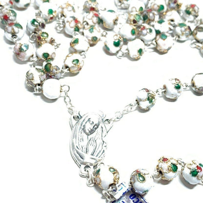 White Cloisonne Rosary Virgin Mary - Blessed by Pope | Catholically