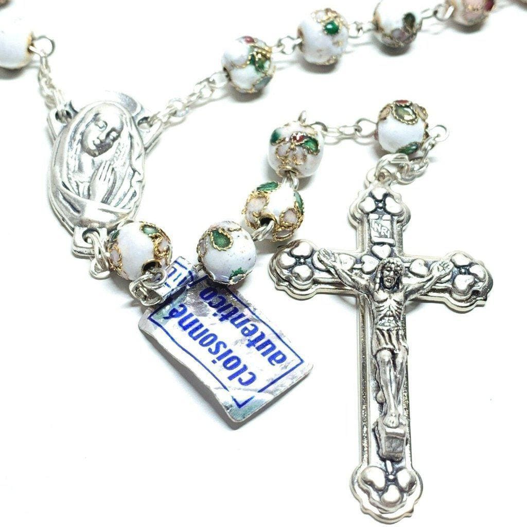 White Cloisonne Rosary Virgin Mary - Blessed by Pope | Catholically