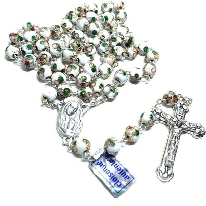 White Cloisonne Rosary Virgin Mary - Blessed by Pope | Catholically
