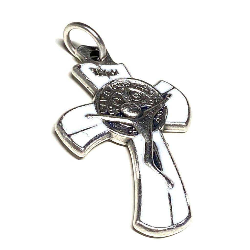 White Small St. Benedict Crucifix - Small Cross - Blessed By Pope - San Benito | Catholically