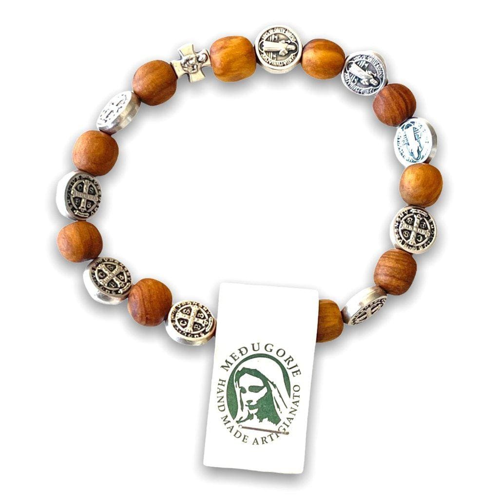 Wooden Saint St. Benedict Medal Stretch Bracelet Blessed By Pope | Catholically