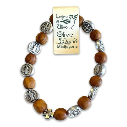 Wooden Saint St. Benedict Medal Stretch Bracelet Blessed By Pope | Catholically