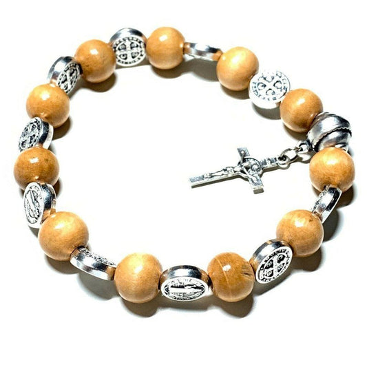 Blessed St. Benedict Wooden Bead Rosary Bracelet with Crucifix | Catholically