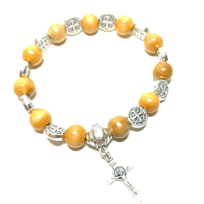 Blessed St. Benedict Wooden Bead Rosary Bracelet with Crucifix | Catholically