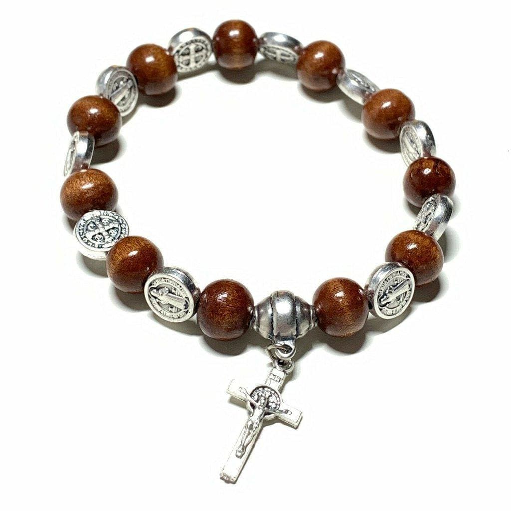 Wooden Saint St. Benedict Medal Stretch Bracelet Blessed By Pope w/ Cross | Catholically