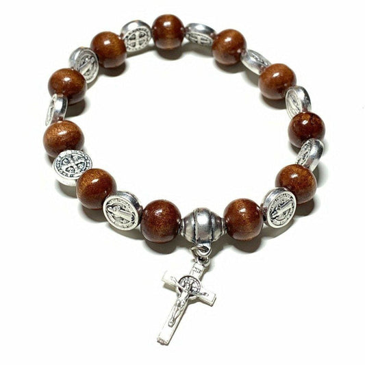Wooden Saint St. Benedict Medal Stretch Bracelet Blessed By Pope w/ Cross | Catholically
