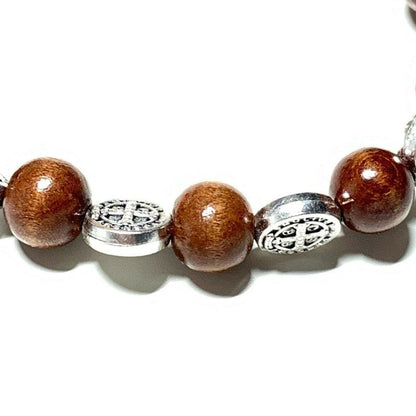 Wooden Saint St. Benedict Medal Stretch Bracelet Blessed By Pope w/ Cross | Catholically
