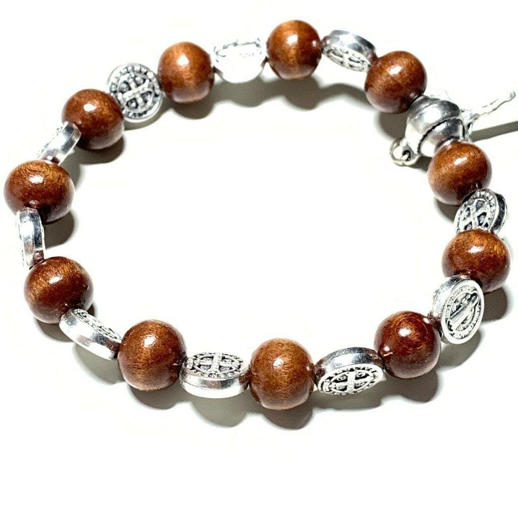 Wooden Saint St. Benedict Medal Stretch Bracelet Blessed By Pope w/ Cross | Catholically