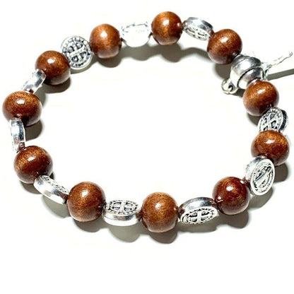 Wooden Saint St. Benedict Medal Stretch Bracelet Blessed By Pope w/ Cross | Catholically