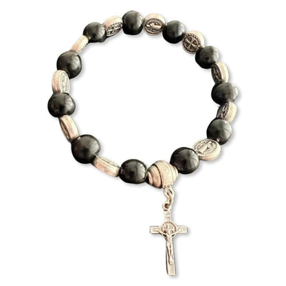 Wooden Saint St. Benedict Medal Stretch Bracelet Blessed By Pope W/ Cross | Catholically