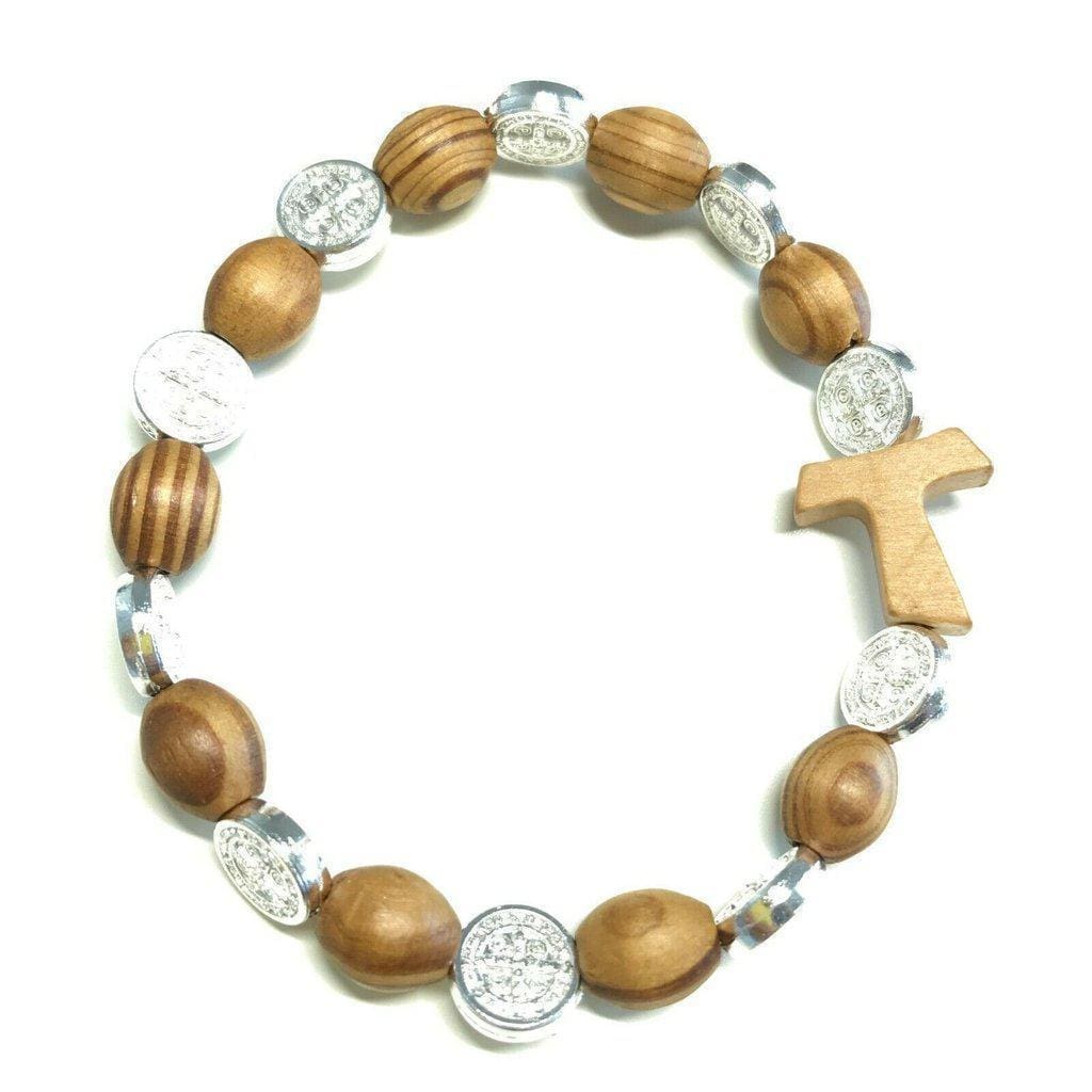 Wooden St. Benedict Medal Stretch Bracelet with Tau Blessed By Pope | Catholically