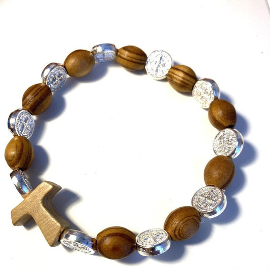 Wooden St. Benedict Medal Stretch Bracelet with Tau Blessed By Pope | Catholically