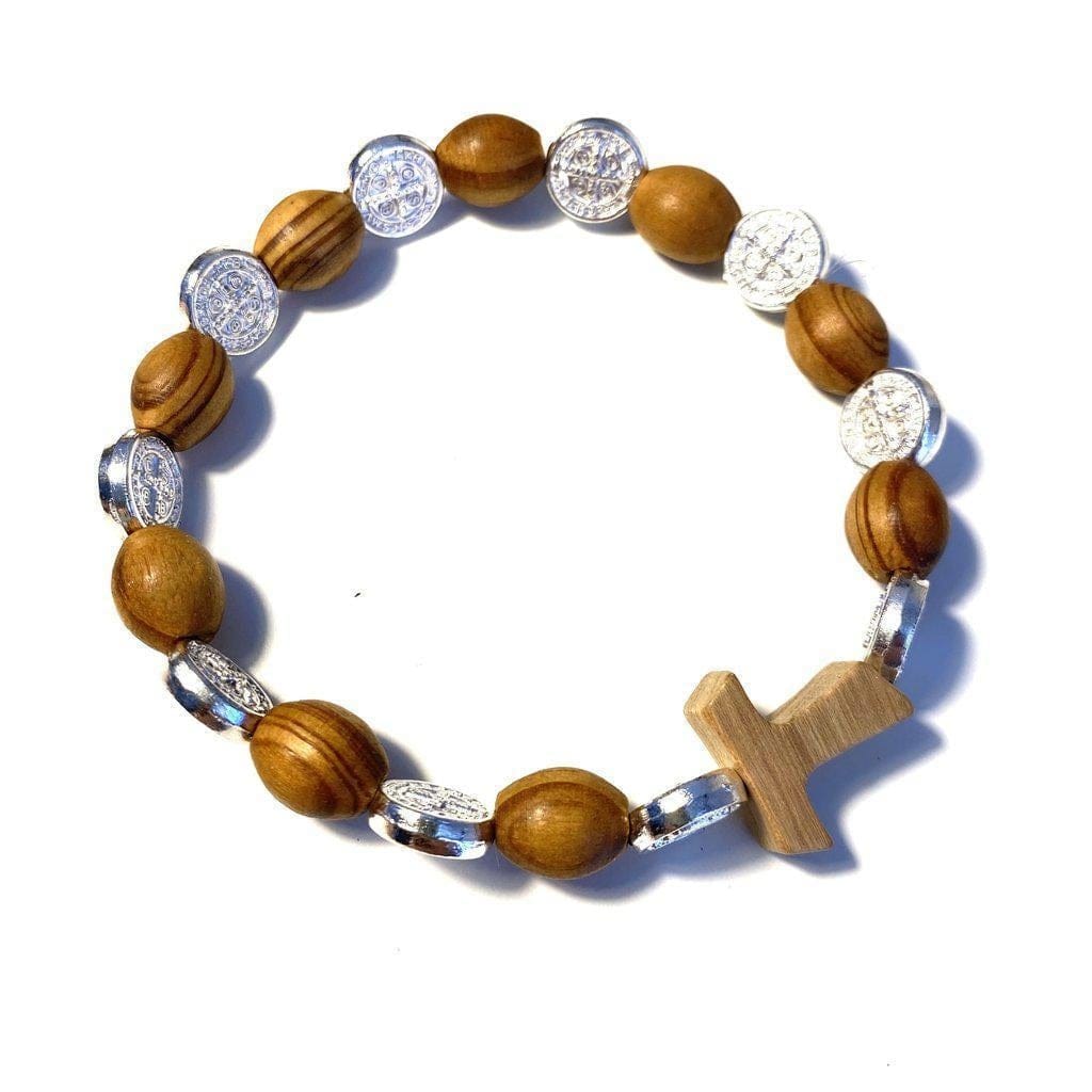 Wooden St. Benedict Medal Stretch Bracelet with Tau Blessed By Pope | Catholically