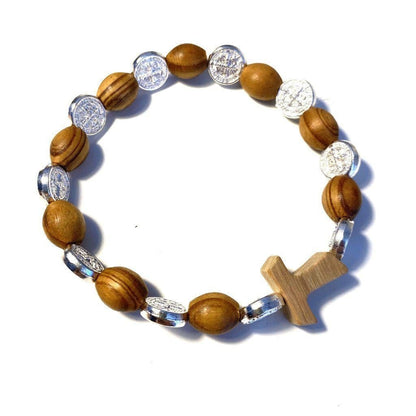 Wooden St. Benedict Medal Stretch Bracelet with Tau Blessed By Pope | Catholically